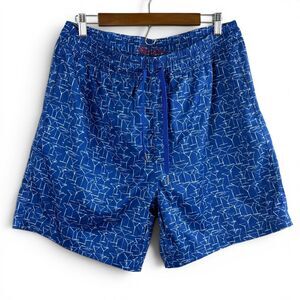 Robert Graham Swim Trunks Mens XL Blue White Martini Print Mesh Lined Drawstring